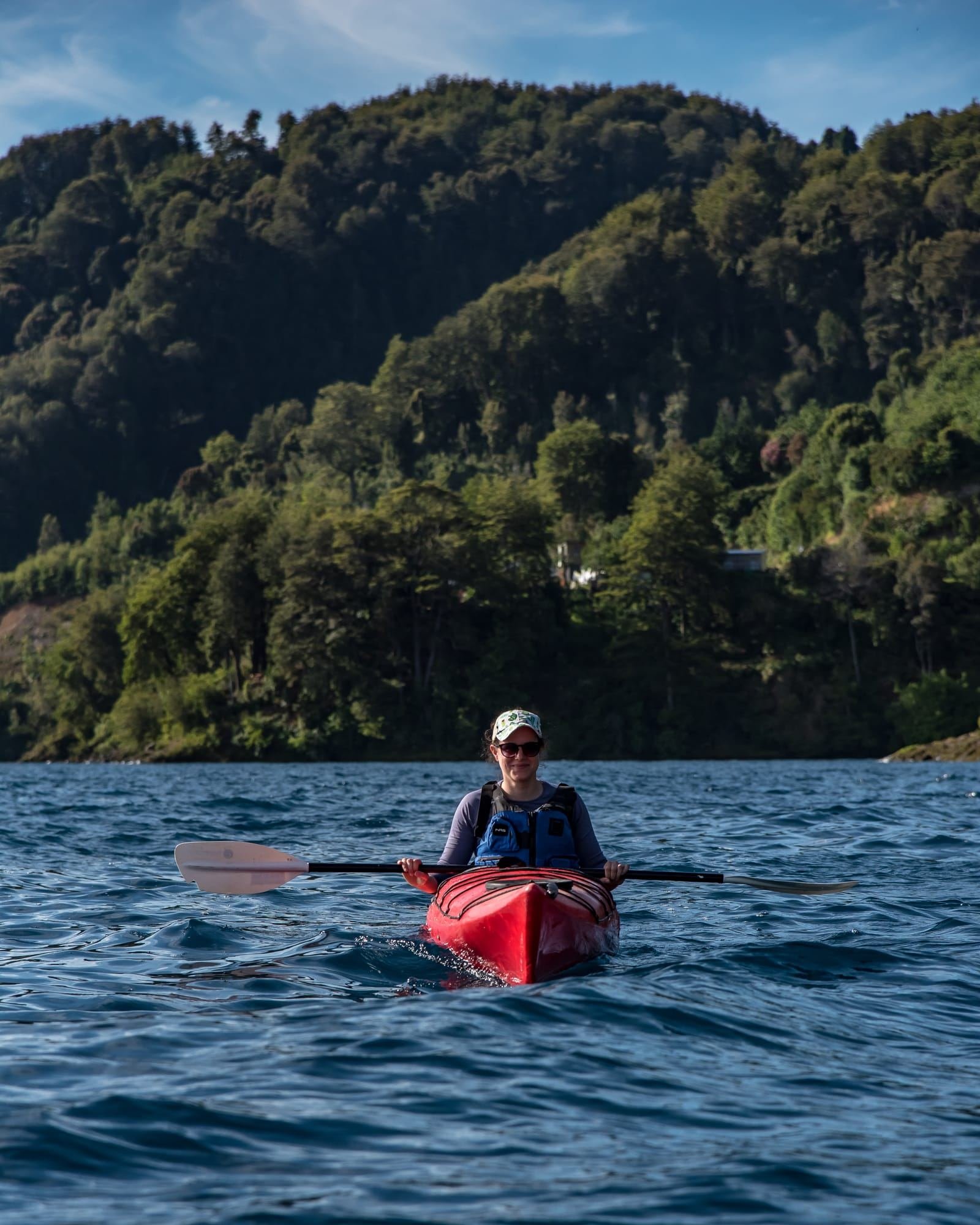 Persona en un kayak rojo junto a una orilla cubierta de bosque nativo