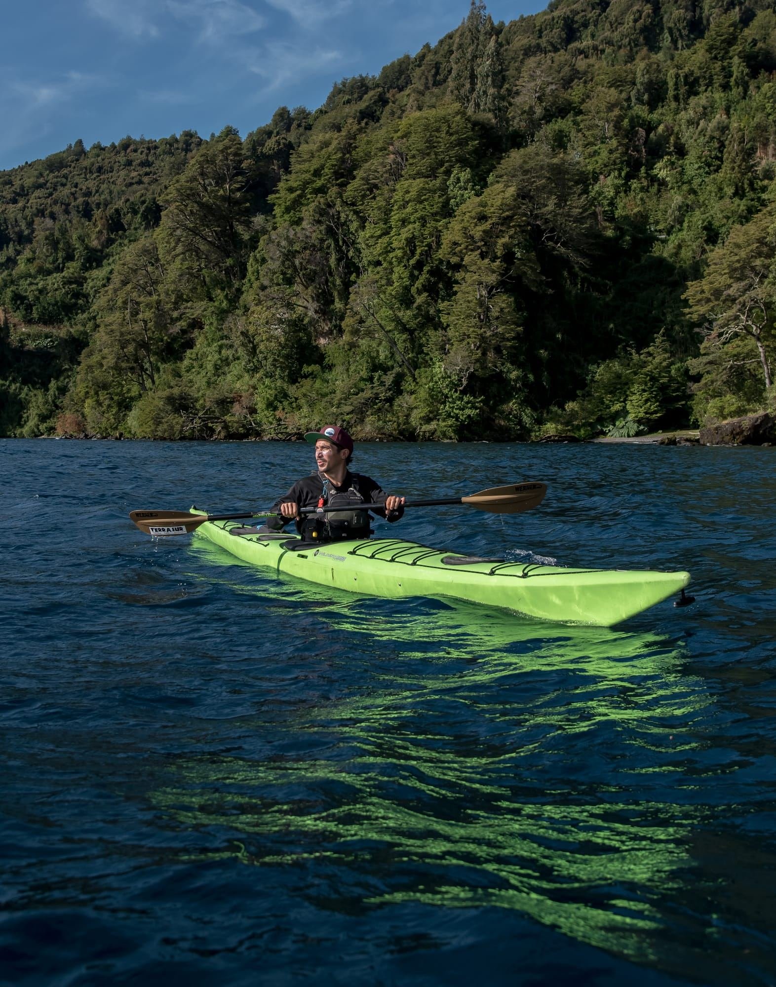 Persona rema un kayak verde sobre agua en calma, junto al bosque
