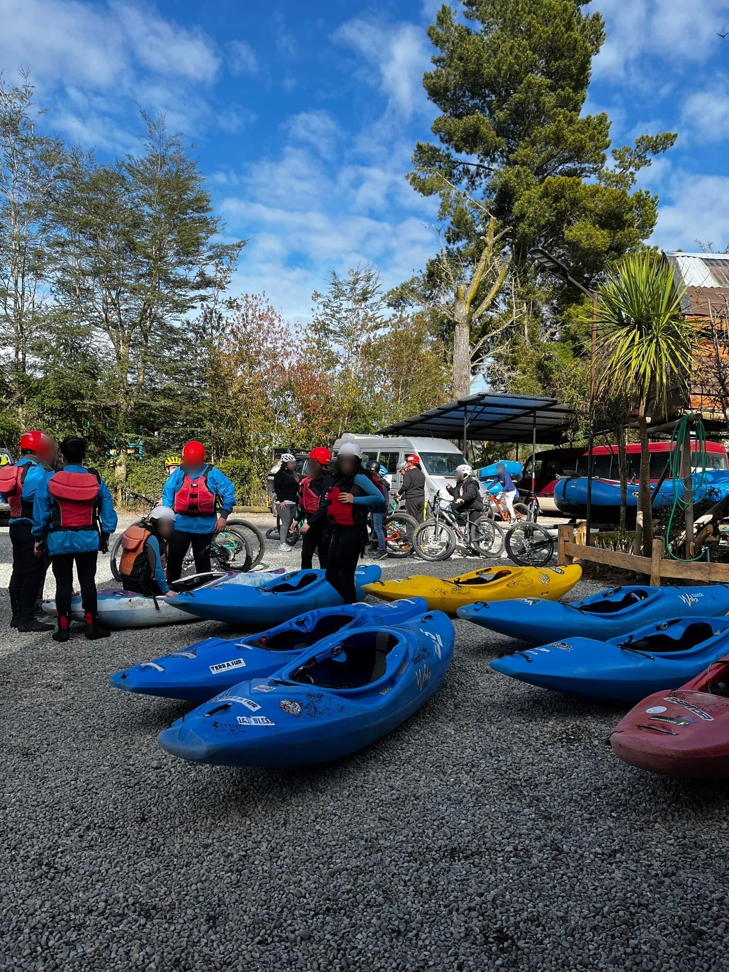 Blue kayaks ready at the TerraSur base in Ensenada