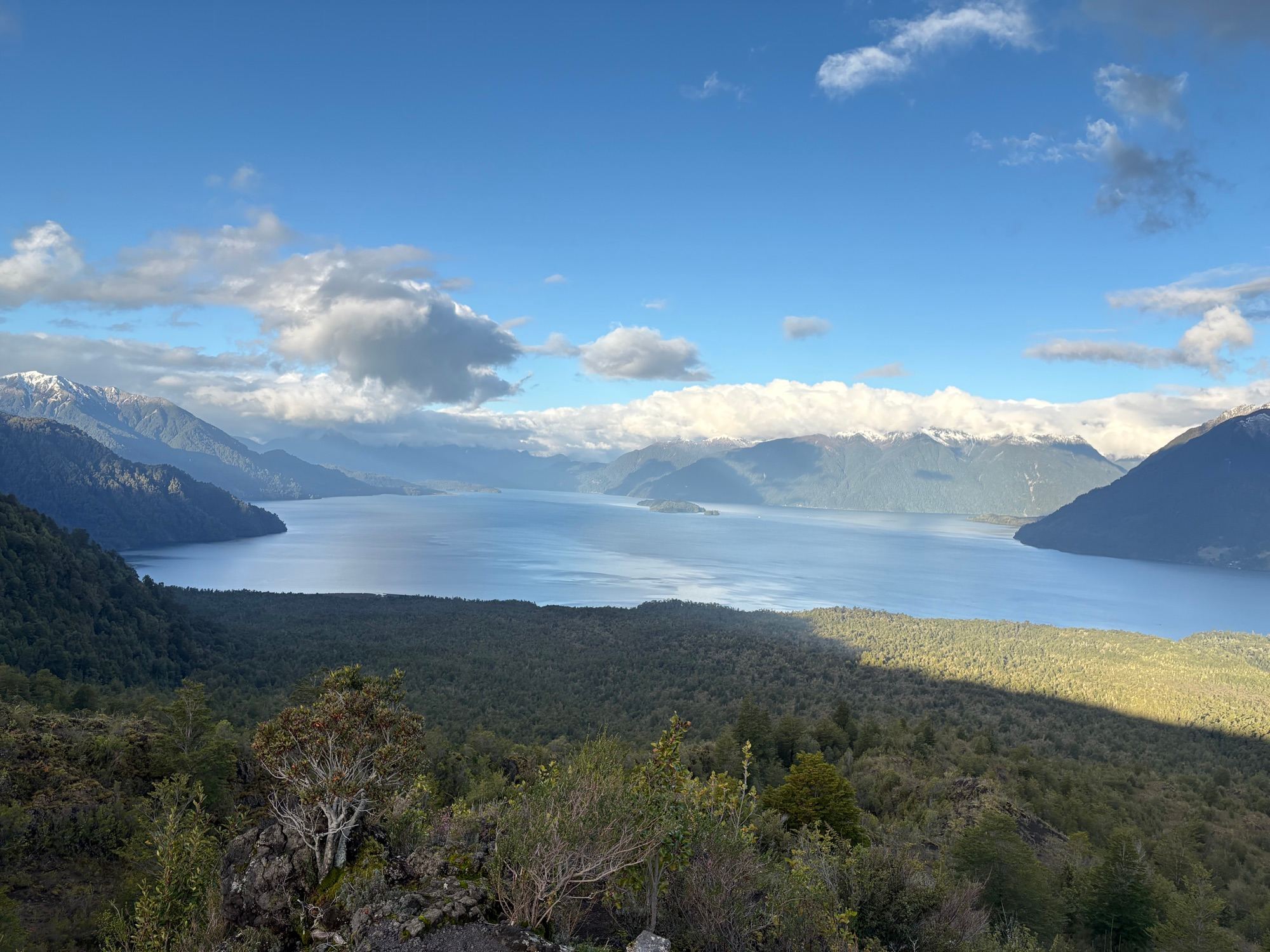 Lake Todos los Santos between forested hills, seen from above