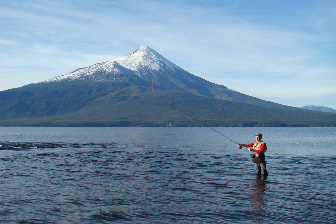 Fly fisher casting knee-deep in the water, with snow-capped Osorno Volcano in the background