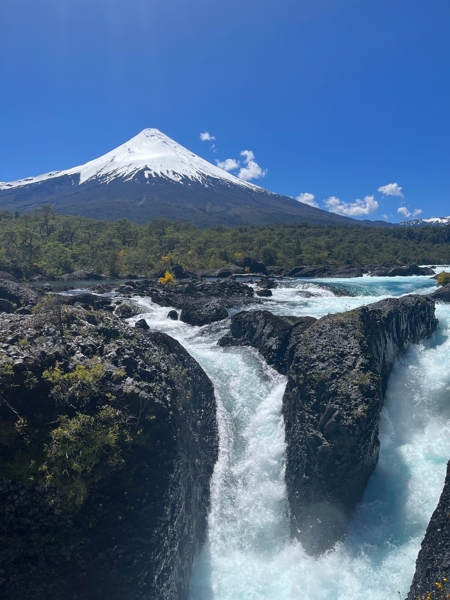 A waterfall at the Petrohue Falls below Osorno Volcano
