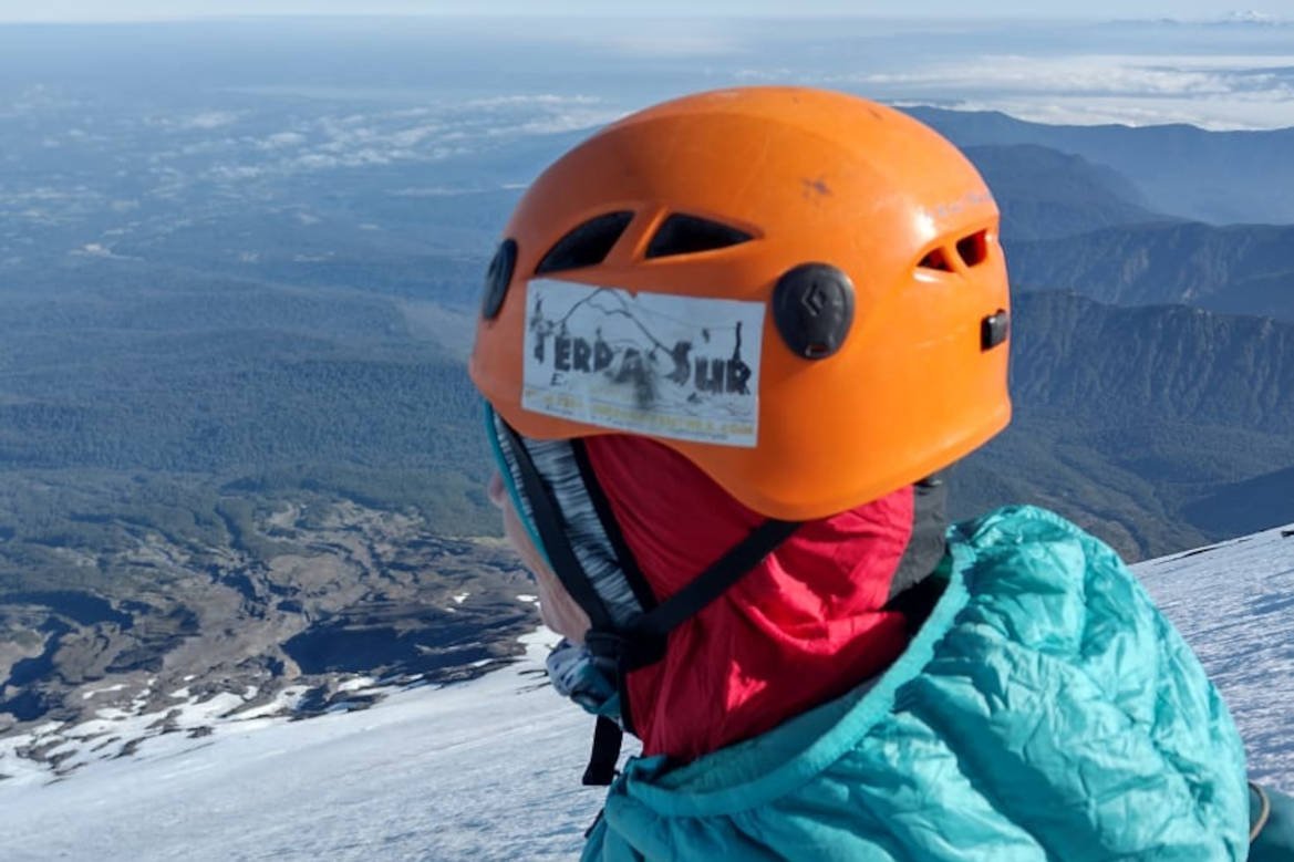 Orange helmet with the TerraSur logo against the view from high up
